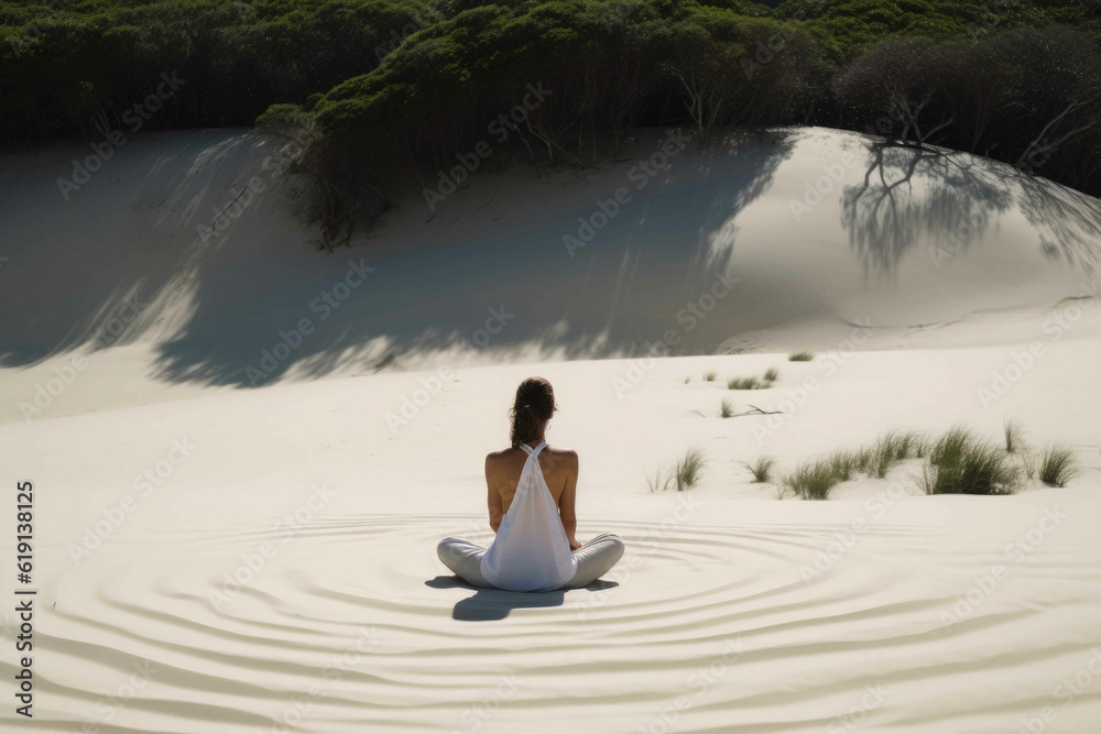 Meditative Woman Practicing Yoga on Sand. Generative AI Meditative Woman Practicing Yoga on Sand. Generative AI