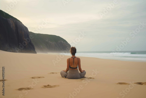 Woman in Yoga Pose on Sandy Shore. Generative AI