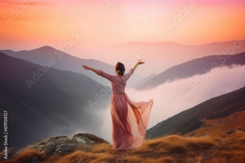 Exhilarating Arm Stretching amidst Pink and Amber Mountain Scenery. Generative AI