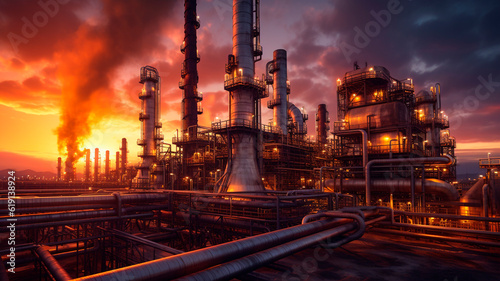 An oil refinery at sunset with pipes and pipes. Generative AI
