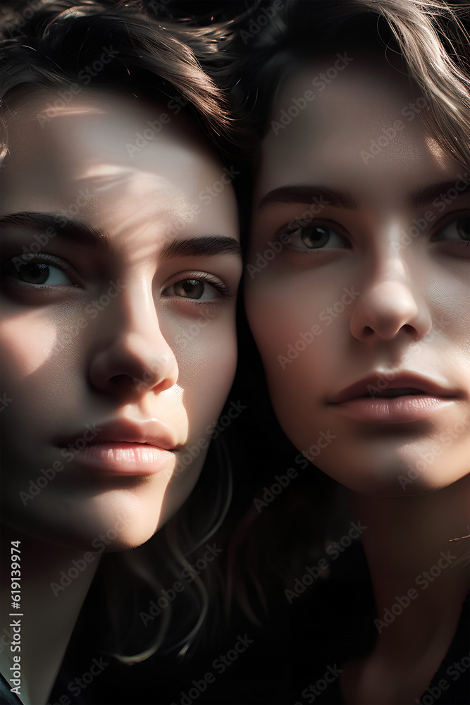Portrait of two brown-hair women, close-up, natural soft lighting, ai generated art