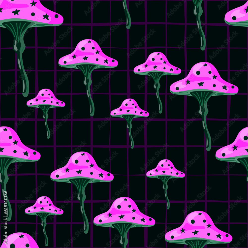 Seamless pattern with fairytail mushrooms. Magical fly agaric wallpaper.