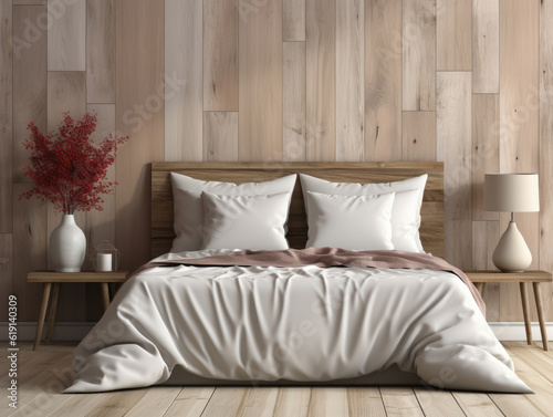 Scandinavian Farmhouse Bedroom Interior , Mockups Design 3D, High-quality Mockups, Generative Ai