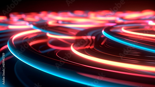 Business Technology Background: Realistic Lighting in Neon Lines and Waves with Vray Tracing Style in 8K. Generative AI
