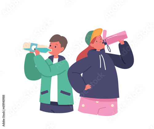 Little Girl and Boy Characters Drinking Clean Water, or Juice. from Bottles Kids Enjoying Summer Refreshment