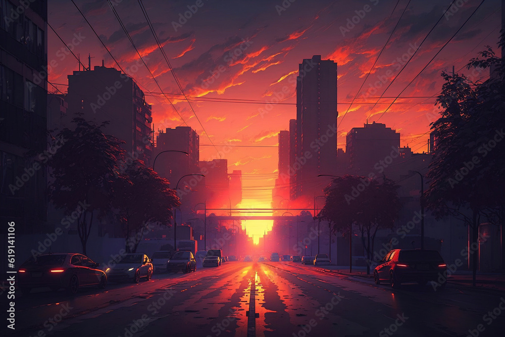 Beautiful sunset in the city, illustration generative AI