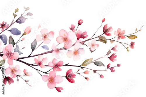 Watercolor of Tropical spring floral green leaves and flowers elements isolated on transparent png background  bouquets greeting or wedding card decoration  with Generative Ai.