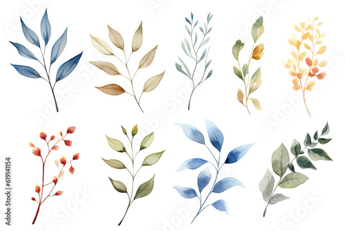 Watercolor of Tropical spring floral green leaves and flowers elements isolated on transparent png background, bouquets greeting or wedding card decoration, with Generative Ai.