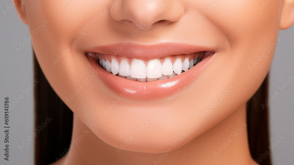 Closeup person's mouth smiling woman white teeth. Generative AI Closeup person's mouth smiling woman white teeth. Generative AI