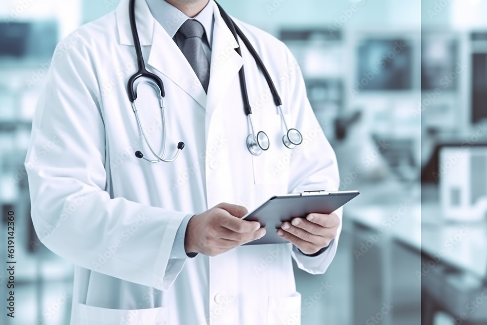 Doctor using tablet in pharmaceutical clinic to check patient health history.Generative Ai. Doctor using tablet in pharmaceutical clinic to check patient health history.Generative Ai.