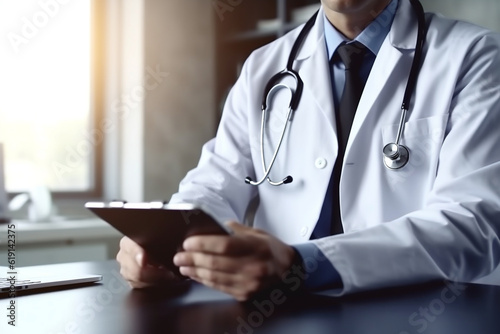 Doctor using tablet in pharmaceutical clinic to check patient health history.Generative Ai.