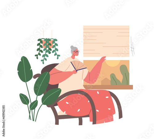 Elderly Woman Combats Heat Indoors With A Hand Fan And Opens A Window For Fresh Air. Old Female Character Seeking Relief