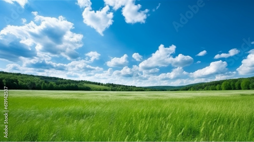 Field on blue sky with cloud.Generative Ai.