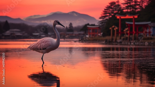 Flamingo on river with Torii gate and sunset background.Generative Ai.