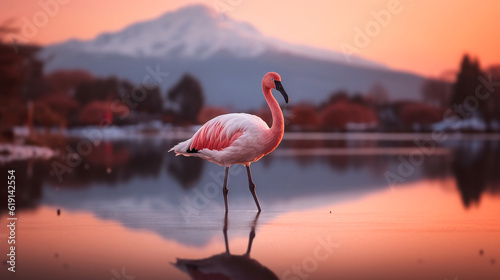 Flamingo on river with sunset mountain background.Generative Ai.