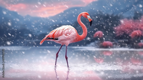 Flamingo on snow with mountain background.Generative Ai. © Inlovehem