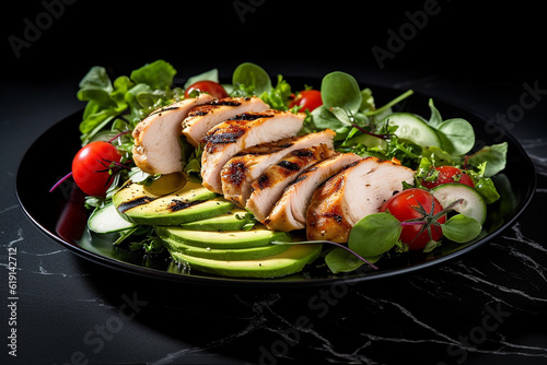 Fresh green salad avocado with grilled chicken on black background.Generative Ai.