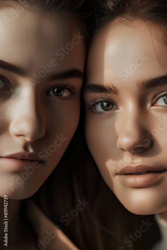 Portrait of two blonde women, close-up, natural soft lighting, ai generated art