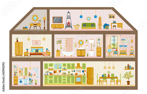 Section of a three-storey house with a kitchen, dining room, laundry room, children's room, bedroom, bathroom, study, boudoir, living room. Illustration of a dollhouse hand-drawn in a flat style.