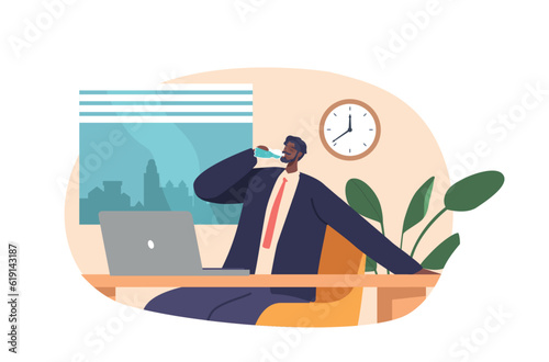 Office Man Drinks Water From A Bottle While Seated At His Desk With Laptop. Male Character Staying Hydrated