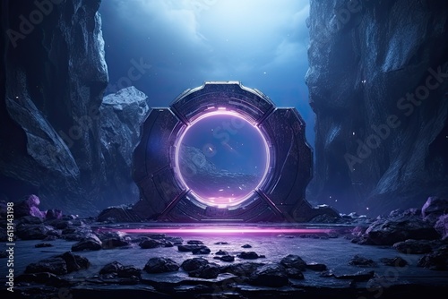 Abstract portal stone gate with neon glowing light in the dark space landscape of cosmic, rocky mountain stone field, spectrum light effect, with Generative Ai.