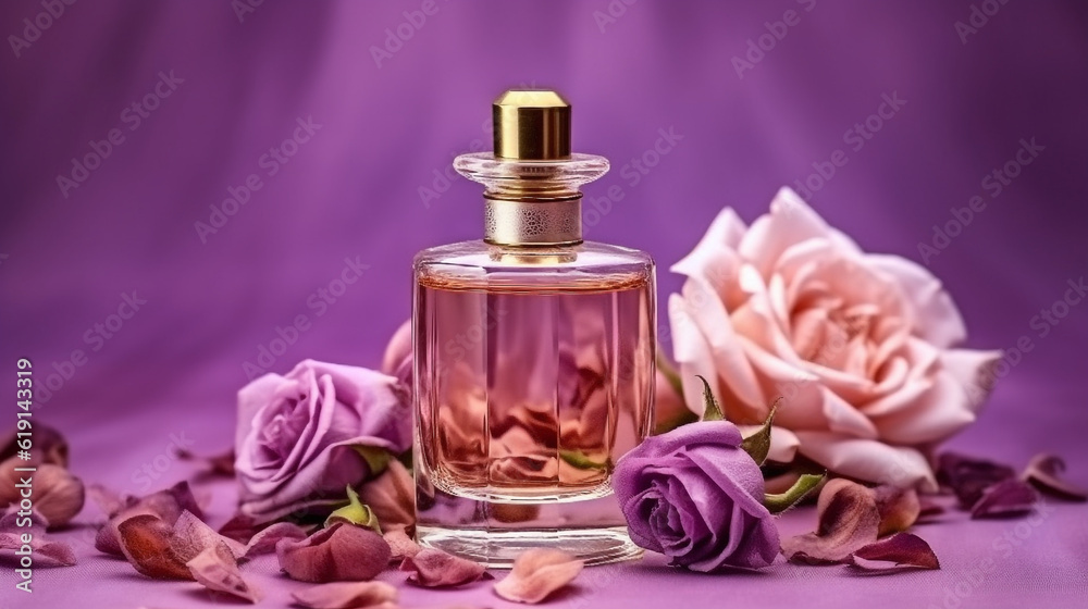 Perfume rose Floral on purple background.Generative Ai. Perfume rose Floral on purple background.Generative Ai.
