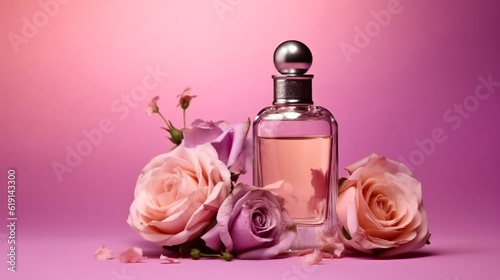 Perfume rose Floral on purple background.Generative Ai.