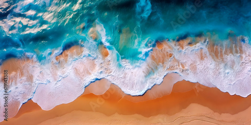 Aerial drone view of a beach with turquoise water. AI Generative.