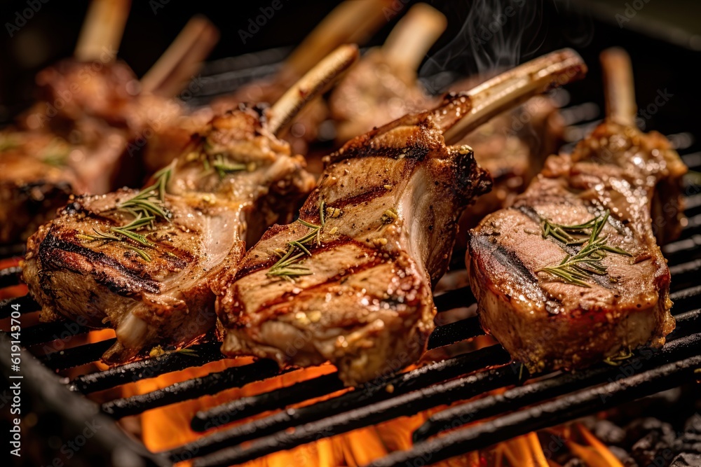 Lamb chops grilled on barbecue over the fire. Generative Ai image