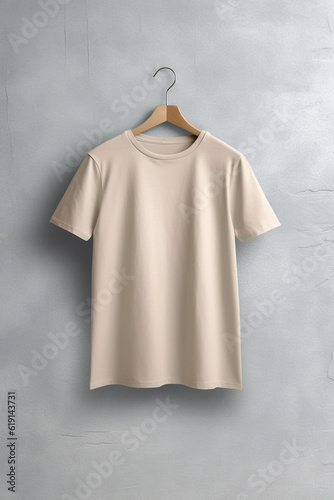 Awesome beige T-Shirt mockup on neutral background. Plain black tshirt for your design, front view. Generative AI image.