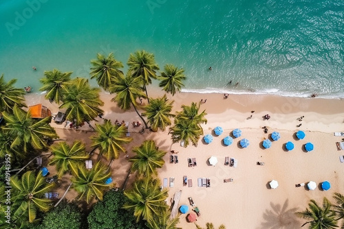 Top view sand beach,umbrellas, balls, coconut tree with blue sky.Generative Ai. © Inlovehem