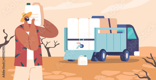 Drought Relief Volunteer Male Character Providing Vital Water Supplies To Affected Communities, Ensuring Hydration