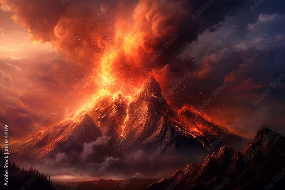 Beautiful landscape volcano eruption.Generative Ai. Beautiful landscape volcano eruption.Generative Ai.