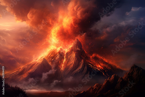 Beautiful landscape volcano eruption.Generative Ai.