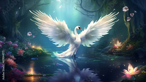Fototapeta Naklejka Na Ścianę i Meble -  White swan beautiful wings in fantasy forest.Generative Ai.