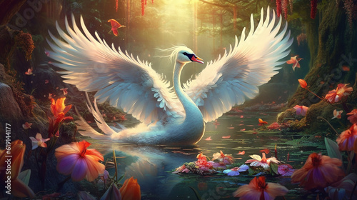Fototapeta Naklejka Na Ścianę i Meble -  White swan beautiful wings in fantasy forest.Generative Ai.