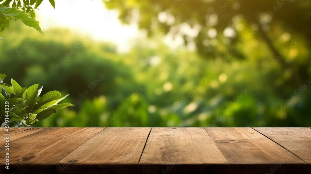 wooden table on the garden background.Generative Ai.