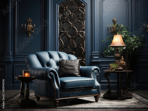Luxury Classic Interior With Dark Blue  Mockups Design 3D  High-quality Mockups  Generative Ai