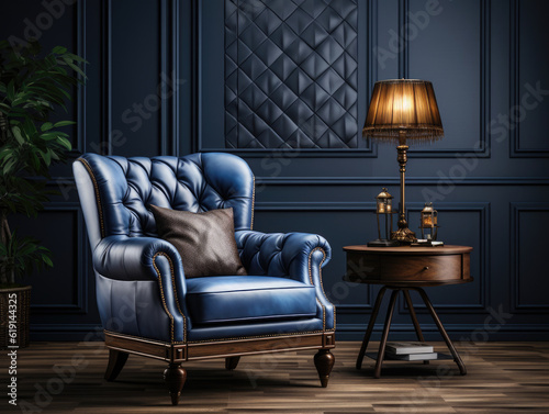 Luxury Classic Interior With Dark Blue, Mockups Design 3D, High-quality Mockups, Generative Ai © ACE STEEL D