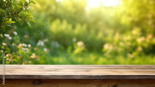 wooden table on the garden background.Generative Ai.