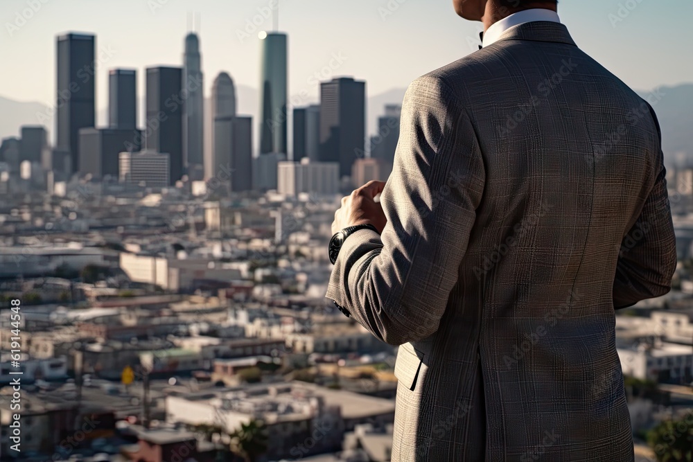 Handsome Businessman in Suit with City Skyline Background. Success and Professional Concept Handsome Businessman in Suit with City Skyline Background. Success and Professional Concept