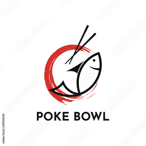 Chopstick Swoosh Fish Bowl Japan Cuisine, Japanese Poke Fish Sushi Seafood Logo Design Inspiration
