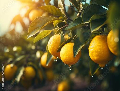 Leinwand Poster Fresh lemons on the tree in a lemon farm