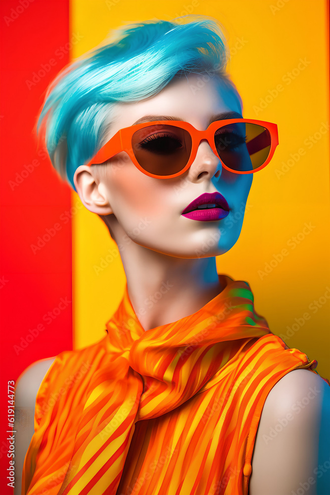Vibrant portrait of a woman with glasses and short haircut, close-up, ai generative art