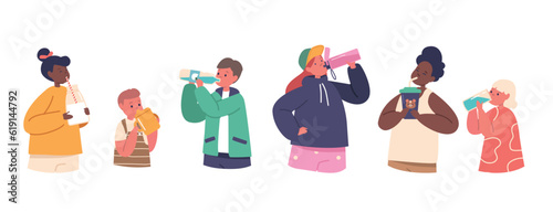 Kids Drinking Clean Water. Children Summer Refreshment, Body Hydration. Little Boys and Girls Characters with Cups