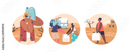 Isolated Round Icons or Avatars with Volunteers Provide Essential Water Relief During Drought, Ensuring Hydration