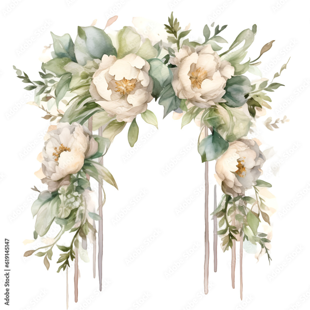 Watercolor wedding arch with white peonies illustration. Generative AI, png image. Watercolor wedding arch with white peonies illustration. Generative AI, png image.
