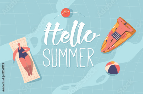 Hello Summer Banner with Relaxed Male and Female Characters Enjoying Summer Time Vacation Floating on Air Mattresses