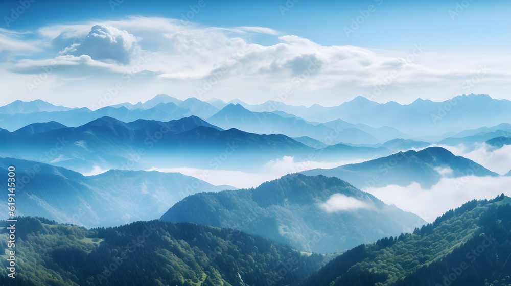 A breathtaking landscape of majestic mountains shrouded in soft, fluffy clouds beneath a brilliant blue sky. Take a moment to marvel at the beauty of nature!