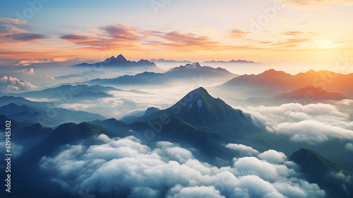 The sun is setting behind a majestic mountain range, casting its warm light over the clouds that drift across the sky. A peaceful landscape, a reminder of the beauty of nature.
